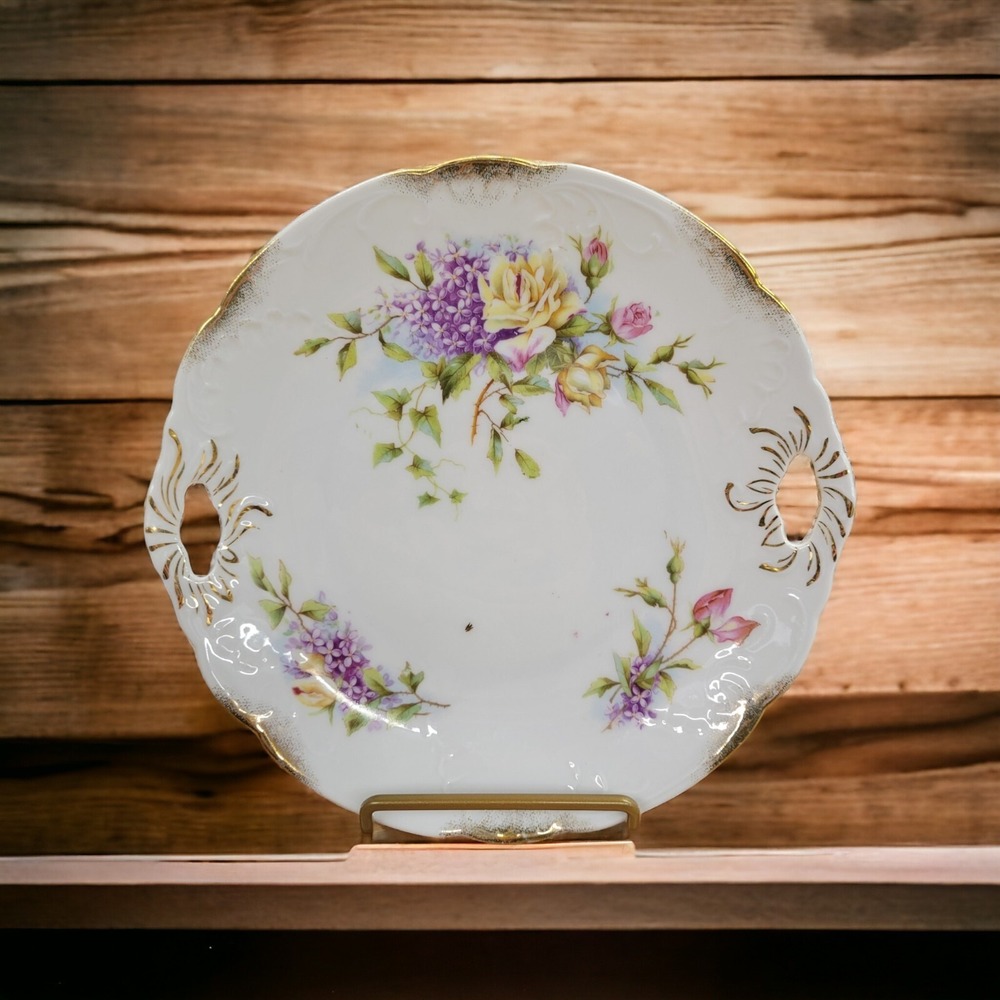 Antique Wheelock Handled‎ Cake Bread Plate Tray Platter Lilac Rose Gold Germany